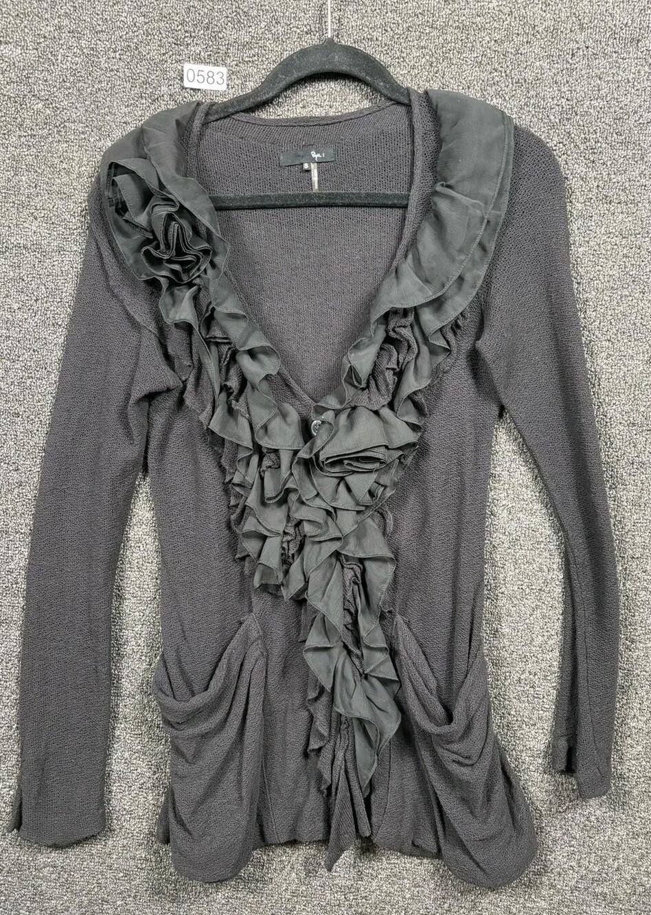 Ryu Chartreuse Ruffle Collar Vintage Inspired Knit Jacket Womens Black Gray Sz S